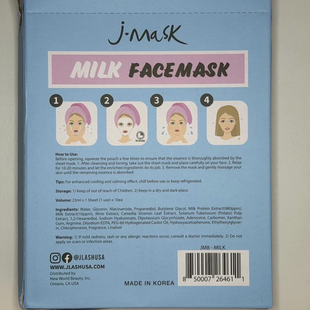 J-Mask Nourishing Milk Face Mask pack of 10 Korean face masks new in box